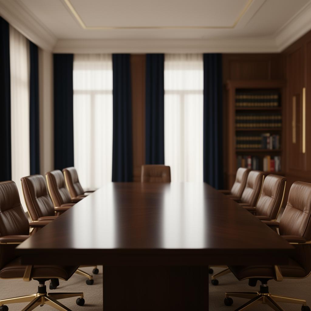 Sala de reunião corporativa com tons sóbrios